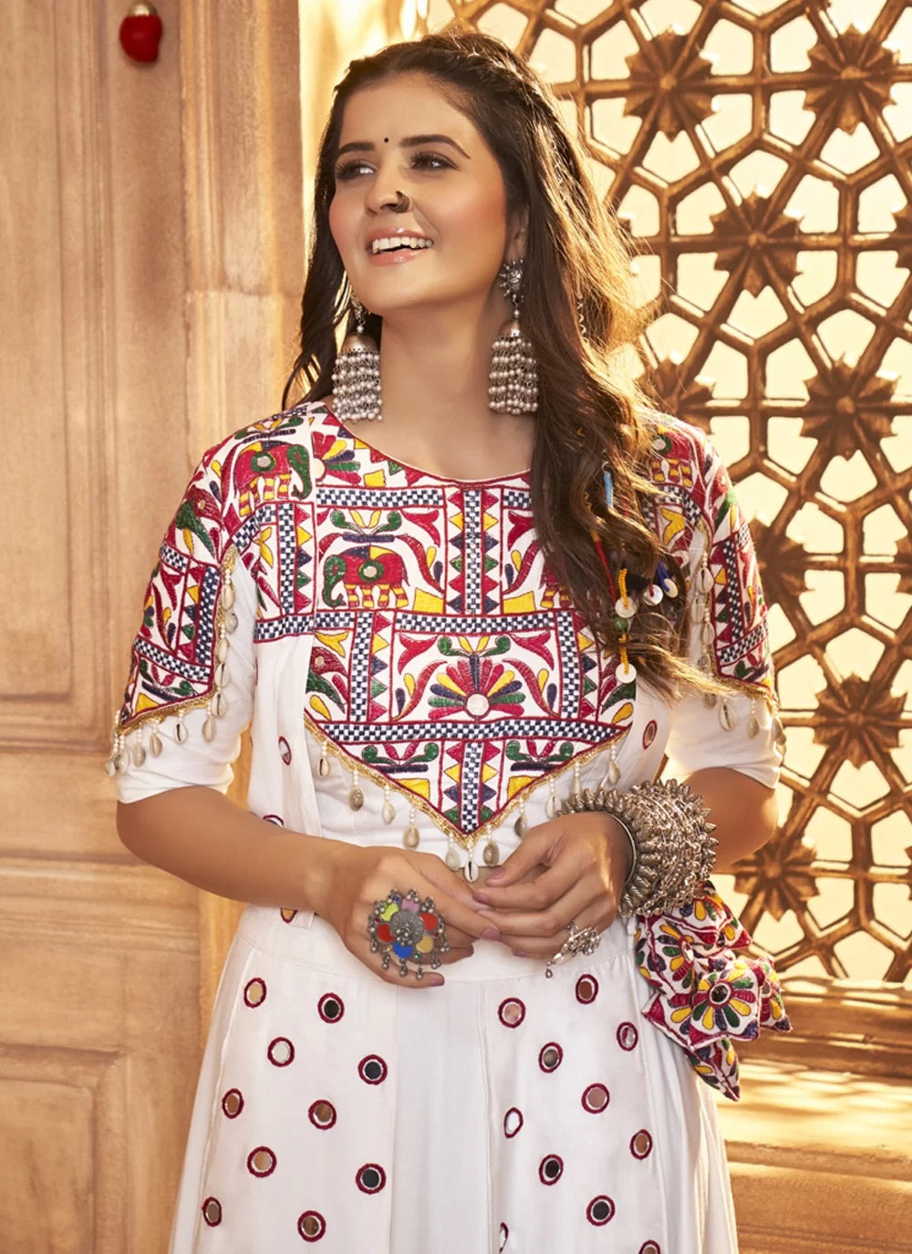 Buy Off-White Mirror Work Cotton A-Line Kurti With Palazzos Online at  Rs.1559 | Libas